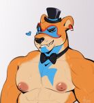  2021 anthro black_bowtie black_clothing black_hat black_headwear black_nose blue_eyes bodily_fluids bow_tie bust_portrait clothing dated ear_piercing ear_ring famir_(artist) fangs five_nights_at_freddy&#039;s freddy_(fnaf) front_view glistening glistening_eyes grin hat headgear headwear hi_res looking_at_viewer male mammal mask muscular muscular_anthro muscular_male narrowed_eyes nipples orange_body orange_ears pecs piercing portrait red_nipples ring_piercing scottgames signature simple_background smile solo sweat tan_body tan_inner_ear ursid video_games white_background 