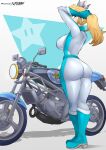  1girl adjusting_hair ass biker_clothes bikesuit blonde_hair blue_eyes bodysuit boots commentary crown english_commentary flytrapxx gloves ground_vehicle highres jacket long_hair mario_(series) mario_kart motor_vehicle motorcycle ponytail princess_peach solo vehicle_request 