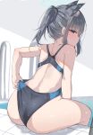  1girl :/ absurdres adjusting_clothes animal_ear_fluff animal_ears ass back backless_swimsuit bangs bare_arms bare_shoulders black_one-piece_swimsuit blue_archive blue_eyes blush closed_mouth competition_swimsuit doldol_(rkwowlqrp) extra_ears halo highres looking_at_viewer looking_back median_furrow medium_hair one-piece_swimsuit ponytail pool pool_ladder poolside profile shiroko_(blue_archive) shiroko_(swimsuit)_(blue_archive) sidelocks sitting solo swimsuit thighs tile_floor tiles two-tone_swimsuit water wet wolf_ears 