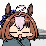  1girl :3 =_= ahoge animal_ears blue_ribbon brown_hair chibi closed_eyes commentary facing_viewer hair_ribbon horse_ears horse_girl jazz_jack lowres meisho_doto_(umamusume) multicolored_hair outdoors ribbon short_hair solo tongue tongue_out umamusume upper_body white_hair 