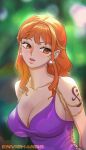 1girl absurdres artist_name bare_shoulders blue_dress blurry blurry_background breasts cleavage collarbone dress earrings envi2hands highres jewelry large_breasts long_hair nami_(one_piece) official_alternate_costume one_piece orange_eyes orange_hair pearl_earrings pearl_hair_ornament sleeveless sleeveless_dress solo upper_body 