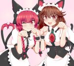  2girls ;) absurdres alternate_costume animal_ears apron blush braid brown_hair cat_ears cat_tail chest_jewel enmaided frilled_apron frills highres kaenbyou_rin maid maid_apron maid_headdress multiple_girls multiple_tails one_eye_closed open_mouth paw_pose pink_background red_eyes red_hair reiuji_utsuho seo_haruto smile tail touhou twin_braids waist_apron waitress white_apron 