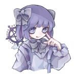  1girl backpack bag bangs bow bowtie cropped_torso finger_to_eye grey_background grey_bow grey_bowtie hair_bow hand_to_own_face hand_up highres long_sleeves looking_at_viewer original short_hair simple_background smile solo tira_27 tongue tongue_out wings 