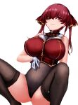  1girl absurdres breasts cameltoe eyepatch hand_on_own_stomach highres hololive houshou_marine hu_sea kneehighs large_breasts no_pants red_eyes red_hair sleeveless socks solo squatting tank_top twintails virtual_youtuber white_background zettai_ryouiki 