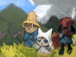  ambiguous_gender black_mage bronzecatworld buizel cloud feral generation_4_pokemon generation_5_pokemon grass group hill legendary_pokemon nintendo plant pokemon pokemon_(species) red_mage riolu sketch sky trio victini video_games white_mage 