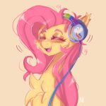  1:1 bat_pony blush chest_tuft digital_media_(artwork) equid eyebrows eyelashes eyes_closed fangs female feral flutterbat_(mlp) fluttershy_(mlp) friendship_is_magic fur hair hasbro headphones hi_res long_hair mammal my_little_pony open_mouth open_smile pink_hair simple_background smile solo tuft yellow_body yellow_fur yumkandie 