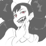  1girl big_hair blush earrings fangs hand_up iris_(pokemon) jewelry looking_at_viewer making-of_available nyantcha open_mouth pokemon pokemon_(game) pokemon_bw red_eyes saliva sharp_teeth shirt slit_pupils smile solo spot_color stud_earrings teeth twintails upper_body 