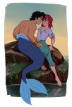  ariel_(disney) barefoot blue_eyes blush crossgender disney feet hair hi_res human male male/male mammal marine merfolk mermaid_tail mouth_closed prince_eric_(disney) red_hair ripushko rock split_form the_little_mermaid_(1989) water 