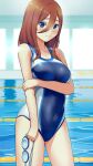 1girl blue_eyes blue_one-piece_swimsuit breasts brown_hair competition_swimsuit covered_navel cowboy_shot go-toubun_no_hanayome goggles goggles_removed hair_between_eyes highres holding holding_goggles indoors lane_line large_breasts long_hair looking_at_viewer nakano_miku one-piece_swimsuit pool sidelocks solo swimsuit wagemappa 