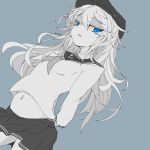  1girl absurdres anchor_symbol arms_behind_back bangs blue_background blue_eyes blue_hair blush breasts dated flat_cap greyscale hair_between_eyes hat hibiki_(kancolle) highres kantai_collection long_hair long_sleeves looking_at_viewer monochrome navel own_hands_together parted_lips pleated_skirt sailor_collar school_uniform senoo_arika serafuku simple_background skirt small_breasts solo spot_color 