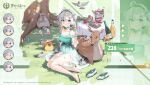  1girl ahoge apple azur_lane bare_shoulders barefoot bird blue_hair blush bottle bucket character_name chick closed_mouth collarbone commentary_request copyright_name cup deer dot_nose dress expressions flower food fruit gloves green_dress grey_hair hair_flower hair_ornament hairband holding holding_tray kanzarin looking_at_viewer manjuu_(azur_lane) official_alternate_costume official_art rabbit raccoon see-through shoes shoes_removed soda_bottle squirrel tray tree white_gloves wine_bottle z28_(azur_lane) 