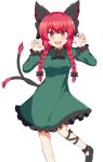  1girl animal_ears black_bow black_footwear bow braid cat_ears cat_tail claw_pose dress fang frills gao green_dress hair_bow highres kaenbyou_rin multiple_tails open_mouth red_eyes red_hair seo_haruto simple_background solo standing standing_on_one_leg tail touhou twin_braids two_tails white_background 