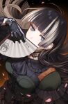  1girl ascot black_gloves black_hair blue_eyes choker commentary_request corset fan_over_face folding_fan frills gloves grey_hair hand_fan highres holding holding_fan hololive hololive_dev_is juufuutei_raden juufuutei_raden_(1st_costume) lace lace_choker long_hair multicolored_hair oboroduki_leo petals two-tone_hair virtual_youtuber 