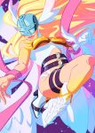  1girl absurdres angewomon armor asymmetrical_clothes asymmetrical_footwear bare_shoulders belt bodysuit boobplate boots closed_mouth clothing_cutout comicsink covered_eyes digimon digimon_(creature) feathered_wings flying gloves gold_armor helmet helmet_over_eyes high_heel_boots high_heels highres multiple_belts multiple_wings o-ring o-ring_belt pink_lips pink_ribbon purple_background ribbon single_glove single_leg_bodysuit smile solo stomach_cutout thigh_strap white_bodysuit white_boots white_gloves white_wings winged_gloves winged_helmet wings wrist_ribbon 