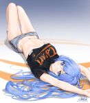  1girl arms_up artist_name bare_legs black_shirt blue_eyes blue_hair chaesu clothes_writing crop_top grey_background grey_shorts highres knees_up long_hair lying midriff minah_(chaesu) navel on_back original shirt short_shorts short_sleeves shorts signature solo stomach t-shirt thighs very_long_hair 