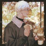  1boy black_jacket border commentary_request donut food food_in_mouth fur_trim glasses gojou_satoru highres holding holding_donut holding_food jacket jujutsu_kaisen male_focus merry_christmas naspibon_ox outside_border rectangular_eyewear short_hair upper_body white_hair zipper 