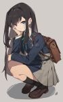  1girl absurdres bag bandaid bandaid_on_cheek bandaid_on_face black_hair black_socks blue_jacket brown_footwear grey_background grey_skirt hand_on_own_cheek hand_on_own_face highres inoue_takina jacket loafers long_hair long_sleeves lycoris_recoil mmj pout purple_eyes school_bag school_uniform shoes skirt socks solo squatting 