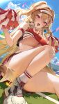  1girl absurdres armband bandaid bandaid_on_knee bandaid_on_leg bare_shoulders blonde_hair blue_sky breasts cheerleader clay_(nikke) commentary convenient_leg crop_top crop_top_overhang day goddess_of_victory:_nikke hailiu highres holding holding_pom_poms large_breasts long_hair midriff miniskirt open_mouth outdoors pom_pom_(cheerleading) red_eyes red_shirt red_skirt shirt shoes sitting skirt sky sleeveless sleeveless_shirt smile socks solo sweat thighs two_side_up underboob very_long_hair visor_cap white_shoes white_socks 