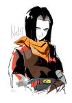  1boy android_17 asumi_chikyuu bandana belt black_hair black_shirt character_name dragon_ball dragon_ball_z grey_eyes hair_intakes medium_hair orange_bandana pants red_ribbon_army shirt smirk solo tsurime upper_body white_background 