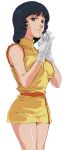  1girl aeug black_eyes black_hair commentary_request fa_yuiry gloves gundam highres military_uniform miniskirt sazannka science_fiction skirt turtleneck vest white_background white_gloves zeta_gundam zeta_gundam_define 
