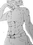  abs absurd_res anthro beastars bodily_fluids canid canine canis clothed clothing furry_bb greyscale hi_res legoshi_(beastars) male mammal monochrome muscular muscular_male pecs simple_background solo sweat topless white_background wolf 