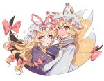  2girls animal_ears blonde_hair blue_tabard blush breasts commentary_request dress elbow_gloves fox_ears fox_tail frilled_sleeves frills gap_(touhou) gloves hat hat_ribbon heart highres large_breasts long_hair masanaga_(tsukasa) mob_cap multiple_girls multiple_tails one-hour_drawing_challenge open_mouth purple_dress purple_eyes red_ribbon ribbon short_hair short_sleeves simple_background tabard tail touhou white_background white_gloves white_hat yakumo_ran yakumo_yukari yellow_eyes 