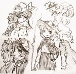  ! 2girls ? book bow capelet cigarette closed_eyes commentary_request hat hat_bow holding holding_book holding_cigarette long_hair long_sleeves maribel_hearn menotama mob_cap multiple_girls shirt shirt_tucked_in skirt smoking spoken_exclamation_mark spoken_question_mark touhou traditional_media translation_request usami_renko 