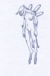 adeptus-monitus anthro black_and_white breasts female flying hooves long_ears monochrome nude nude_anthro simple_background solo tail traditional_media_(artwork) unguligrade