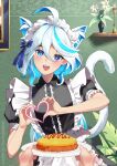  1girl 1other :d ahoge animal_ear_fluff animal_ears apron artist_name black_dress blue_eyes blue_hair blue_ribbon blush collared_dress commentary_request dress extra_ears frilled_apron frilled_sleeves frills furina_(genshin_impact) genshin_impact hair_between_eyes hair_ribbon heart heart_hands heterochromia highres holding holding_plate indoors long_hair looking_at_viewer multicolored_hair open_mouth plate pov pov_hands puffy_sleeves ribbon short_sleeves signwolf smile tail_raised teeth two-tone_hair upper_teeth_only white_apron white_hair 