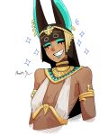  1girl ancient_egyptian_clothes animal_ear_piercing animal_ears armlet black_hair commentary cupperexe dalilah_(cupperexe) dark-skinned_female dark_skin english_commentary eyeliner gold highres jewelry makeup original simple_background smile solo sparkle sparkling_aura white_background 