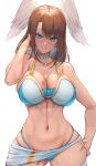  1girl abs absurdres armpit_crease asymmetrical_bangs bangs bikini blue_bikini blue_eyes breasts brown_hair chest_tattoo choker cleavage closed_mouth collarbone curvy eunie_(xenoblade) feathered_wings hand_in_own_hair hand_on_hip hand_up head_wings highres large_breasts long_hair looking_at_viewer navel sarong smile solo swimsuit tattoo thigh_strap togin two-tone_bikini white_background white_bikini white_wings wings xenoblade_chronicles_(series) xenoblade_chronicles_3 