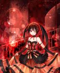  1girl black_hair breasts character_name clock_eyes commentary_request copyright_name date_a_live detached_sleeves dress frilled_dress frilled_hairband frills grandia_koori hairband lolita_fashion lolita_hairband long_hair looking_at_viewer medium_breasts open_mouth red_dress ribbon smile symbol-shaped_pupils tokisaki_kurumi tokisaki_kurumi_(spirit) twintails two-tone_dress 