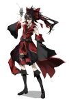  1boy arm_up bare_shoulders belt between_fingers black_belt black_boots black_hair black_shirt black_skirt black_sleeves boots bow closed_mouth collared_shirt detached_sleeves full_body hair_between_eyes hair_bow hakurei_reimu highres holding jilongyue787 knee_boots koumajou_densetsu legs_apart long_hair long_sleeves looking_at_viewer necktie red_bow red_eyes red_vest shirt short_necktie skirt sleeveless sleeveless_shirt solo standing touhou vest wide_sleeves yellow_necktie yin_yang yin_yang_print 