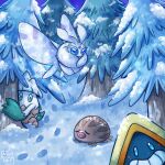  angelsomaart aqua_eyes artist_name closed_eyes commentary english_commentary eyelashes footprints frosmoth green_eyes grin long_eyelashes nostrils outdoors pine_tree pokemon smile snorunt snover snow swinub teeth tree 