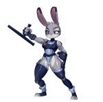  absurd_res anthro clothing disney dual_wielding female fur grey_body grey_fur hi_res holding_object holding_weapon jdwalkrat judy_hopps lagomorph legwear leotard leporid mammal muscular police_baton purple_eyes pussy_peek rabbit solo thigh_highs uniform weapon zootopia 