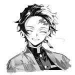  1boy buttons checkered_haori cropped_shoulders demon_slayer_uniform earrings facing_viewer greyscale grin hanafuda_earrings haori highres hrak_mumi japanese_clothes jewelry kamado_tanjirou kimetsu_no_yaiba male_focus monochrome scar scar_on_face scar_on_forehead short_hair simple_background smile solo twitter_username white_background 