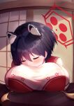  1girl animal_ears bitseon black_hair blue_archive blush breast_curtain breast_rest breasts closed_eyes hair_between_eyes halo highres huge_breasts indoors raccoon_ears red_sailor_collar sailor_collar short_hair sideless_outfit sleeping solo tsubaki_(blue_archive) upper_body 