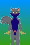 animal_genitalia animal_penis anthro balls blue_body blue_fur bodily_fluids brown_eyes chest_tuft domestic_cat felid feline feline_genitalia feline_penis felis fluffy fluffy_tail fur genital_fluids genitals grey_body grey_fur hi_res looking_at_viewer male mammal navel nipples nude pawpads penis portrait precum scout_the_cat_(character) scoutthecat02 sheath smile solo tail tuft yellow_body yellow_fur