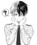  1boy ? boku_no_hero_academia burn_scar closed_mouth collared_shirt commentary_request heterochromia highres hrak_mumi looking_at_viewer male_focus multicolored_hair necktie scar scar_on_face school_uniform shirt short_hair solo split-color_hair spoken_question_mark straight-on todoroki_shoto twitter_username two-tone_hair u.a._school_uniform upper_body 