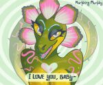 anthro breasts cactus dinosaur eyeshadow female flower green_body heart_symbol hi_res hybrid hypnosis lizard looking_at_viewer makeup mind_control morphing_murphy open_mouth plant prehistoric_species reptile scalie smile solo teeth text thorns yellow_eyes
