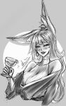  1girl absurdres animal_ear_fluff animal_ears blush breasts cup drinking_glass earrings fox_ears fox_girl greyscale halterneck highres holding holding_cup japanese_clothes jewelry kimono lantern_earrings large_breasts long_hair mole mole_under_eye monochrome nijisanji nijisanji_en nina_kosaka off_shoulder parted_lips single_earring sketch solo upper_body virtual_youtuber wan_k_(atrociousfennec) wine_glass 