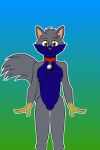 anthro blue_body blue_fur brown_eyes chest_tuft collar collar_only domestic_cat felid feline felis fluffy fluffy_tail fur grey_body grey_fur hi_res looking_at_viewer male mammal navel nude pawpads portrait red_collar scout_the_cat_(character) scoutthecat02 smile solo tail tuft yellow_body yellow_fur