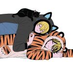 2boys animal_costume animal_ears animal_hood animal_print black_hair blonde_hair cat_costume cat_ears cat_hood commentary cosplay fang hair_between_eyes hanemiya_kazutora hood hood_up kigurumi long_sleeves male_focus matsuno_chifuyu mole mole_under_eye multicolored_hair multiple_boys ocolayapap peke_j short_hair simple_background sleeping streaked_hair tiger_costume tiger_ears tiger_hood tiger_print tiger_stripes tokyo_revengers tokyo_revengers_pazuribe! two-tone_hair untranslatable_commentary white_background 