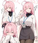  1girl absurdres black_skirt blue_archive blush braid breasts cosplay female_sensei_(blue_archive)_(suzutarou_gunsou) green_eyes hair_between_eyes halo hanako_(blue_archive) highres lanyard large_breasts long_sleeves one_eye_closed open_mouth pantyhose pink_hair pink_halo skirt smelling smelling_clothes smile suzutarou_gunsou 