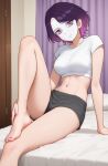  1girl arm_support bare_legs barefoot beauty_mask bed bed_sheet breasts closed_mouth collarbone commission crop_top cropped_shirt curtains feet foot_out_of_frame gradient_hair grey_shorts head_tilt highres indoors knee_up large_breasts legs looking_at_viewer medium_breasts midriff multicolored_hair nail_polish navel nihu on_bed original parted_bangs pink_hair purple_eyes purple_hair purple_nails second-party_source shirt short_hair short_shorts short_sleeves shorts sitting smile solo stomach swept_bangs thighs toenail_polish toenails toes white_shirt 