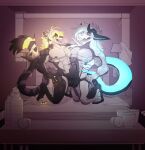 absurd_res anthro ball_fondling balls bodily_fluids breath bulge bulge_frottage cheetah claws crown duo fangs felid feline fondling genitals glowing hair headgear hi_res horn long_hair looking_at_another looking_pleasured making_out male male/male mammal mane motion_lines muscular nipples onomatopoeia piercing saliva saliva_string sound_effects synthetic_dragon teeth text tonkotsu_spicy_noodle wire_(livepolarity) zurianima_(yagdrassyl)