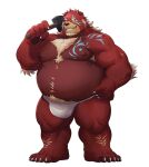  2022 anthro asian_clothing belly big_belly bulge clothing east_asian_clothing fundoshi hammer hi_res humanoid_hands japanese_clothing kemono male mammal moobs nipples overweight overweight_male red_body solo tools uken_l underwear ursid white_clothing white_fundoshi white_underwear 