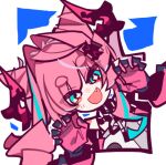  +_+ 1girl :d ahoge arknights arknights:_endfield black_gloves black_horns blue_background blue_eyes blue_hair blush bright_pupils cat_hair_ornament chibi chibi_only dragon_girl dragon_horns dutch_angle fang gloves hair_intakes hair_ornament hairclip head_tilt horns imminent_attack jacket looking_at_viewer multicolored_eyes multicolored_hair off_shoulder open_hands pink_gloves pink_hair pink_horns pointy_ears portrait smile solo star-shaped_pupils star_(symbol) streaked_hair symbol-shaped_pupils tank_top thick_eyebrows thick_eyelashes twintails upper_body white_background white_pupils xity yellow_eyes yvonne_(arknights) 