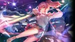  1girl aerial_fireworks aikawa_megumi aikawa_megumi_(a_one_night_dream) arms_behind_head aura blue_skirt blurry blurry_background breasts brown_sandals clothes_around_waist clothing_cutout dutch_angle fireworks floating_hair foot_out_of_frame frilled_shirt frilled_skirt frills glowing glowing_sword glowing_weapon green_eyes hair_between_eyes heaven_burns_red highres holding holding_sword holding_weapon knee_up large_breasts light_particles light_smile long_hair long_sleeves looking_at_viewer miniskirt night official_alternate_costume official_alternate_hairstyle official_art outdoors parted_lips pink_hair ponytail sandals shirt shoulder_cutout sidelocks skirt solo sword third-party_source v-shaped_eyebrows weapon white_shirt 