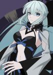  1girl absurdres black_bow black_dress blue_eyes bow braid breasts clenched_teeth commentary dress fate/grand_order fate_(series) hair_bow half_up_braid highres koma315ht large_breasts long_hair long_sleeves looking_at_viewer morgan_le_fay_(fate) navel ponytail teeth very_long_hair white_hair wide_sleeves 